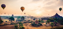  Hot Air Balloon Over Plain Of Bagan In Misty Morning, Myanmar