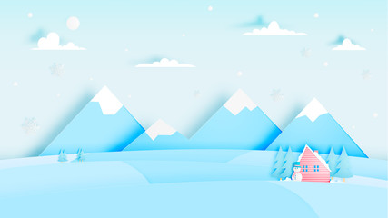 Winter landscape with paper art style and pastel color scheme