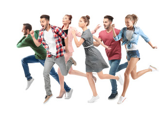 Group of running people on white background