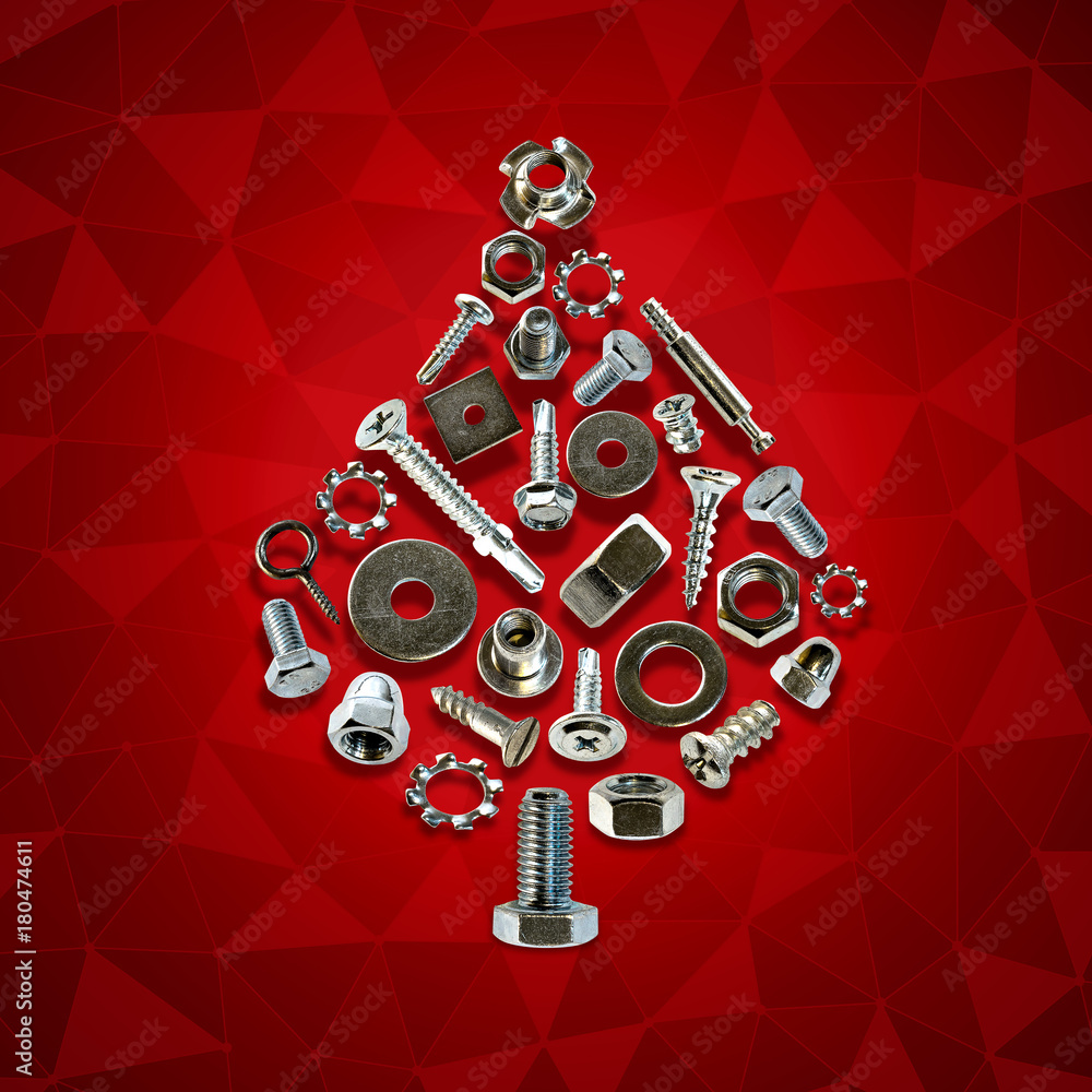 bolts, nuts, nails, screws, tools christmas tree - obrazy, fototapety, plakaty 
