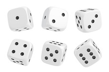 3d Rendering Of A Set Of Six White Dice With Black Dots Hanging In Half Turn Showing Different Numbers.