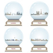 vector snow globes with London, Paris, Berlin and Rome cities skylines inside