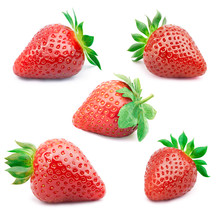 Set Of Five Perfectly Cleaned Strawberries With Leaves Isolated On The White Background With Clipping Path.