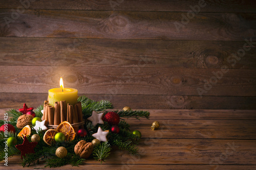 Christmas Or Advent Background Burning Candle With Natural