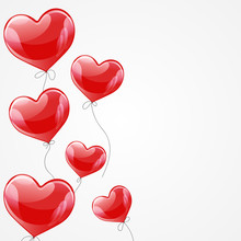 Vector Holiday Illustration Of Flying Red Balloon Hearts. Happy Valentines Day. Festive Decoration. Balloon Hearts.