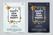 © alexandertrou - Happy new year party invitation. Black and white festive club posters with traditional decoration. Decorative frame with gold stars and Christmas balls. Xmas illustration.