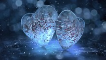 Two Romantic Blue Ice Glass Hearts With Snowflakes And Red Balls Inside Backdrop. For St. Valentine's Day, Birthday E-card, Christmas, New Year, Winter Holidays. Seamless Loop 4k