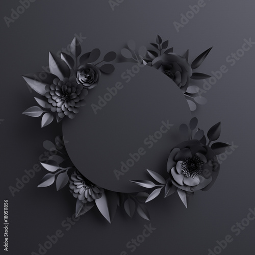 Foto 3d render, black paper flowers, botanical background, blank round banner, floral