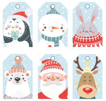 Set Of Christmas And New Year Labels With Animals And Santa. Vector Illustration.