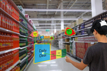 Smart retail with augmented and virtual reality technology concept, Customer use ar and vr glasses to search a daily deal (sale, low price)in the retail