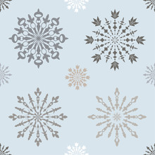 Seamless Pattern With Large And Small Blue Patterned Snowflakes On White Background