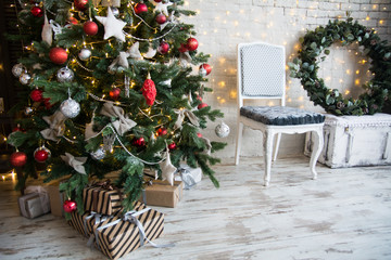 Decoration with Christmas tree on a wooden floor