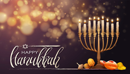 jewish holiday hanukkah background, realistic menorah (traditional candelabra), burning candles. rel