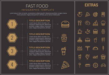 Poster - Fast food infographic timeline template, elements and icons. Infograph includes numbered options, line icon set with fast food, a piece of pizza, sweet snacks, restaurant meal, unhealthy meal etc.