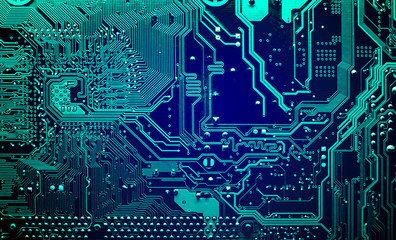 Poster - Circuit board. Electronic computer hardware technology. Motherboard digital chip. Tech science background. Integrated communication processor. Information engineering component.