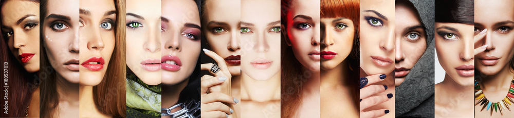 beauty collage.Faces of women.Makeup - obrazy, fototapety, plakaty 
