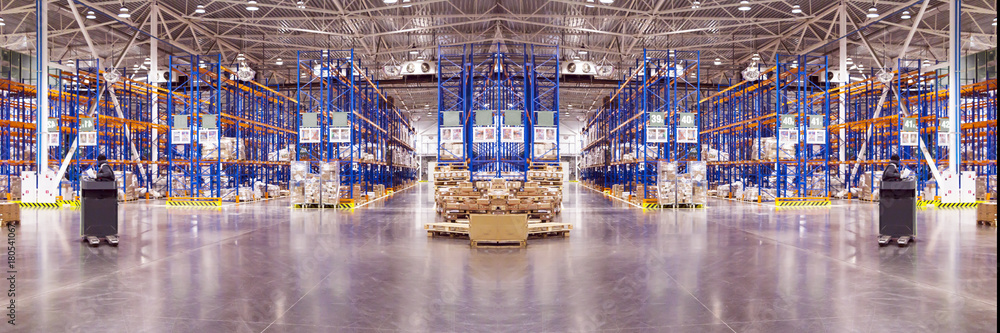 Typical storage, warehouse interior. Selective focus. Wide panoramic collage. Industrial background. - obrazy, fototapety, plakaty 