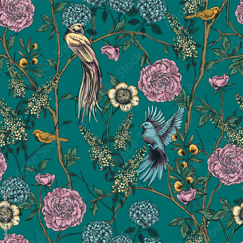 Cotton fabric Victorian garden. Floral seamless pattern. Vector illustration.