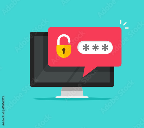 Cuadros en Lienzo Desktop computer with unlocked password bubble notification, flat cartoon design