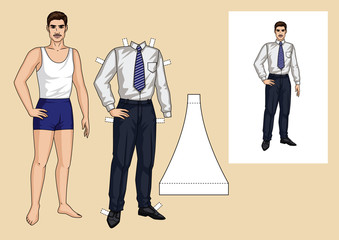 Wall Mural - The sports guy in the underwear is standing in front. Paper doll of a businessman. Set of paper man with clothes for him