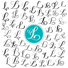 Set Of Hand Drawn Vector Calligraphy Letter L. Script Font. Isolated Letters Written With Ink. Handwritten Brush Style. Hand Lettering For Logos Packaging Design Poster