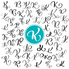 Wall Mural - Set of Hand drawn vector calligraphy letter K. Script font. Isolated letters written with ink. Handwritten brush style. Hand lettering for logos packaging design poster