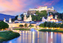 Historic City Of Salzburg With Hohensalzburg Fortress At Dusk, Salzburger Land, Austria