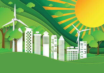 Green city with nature landscape and sunshine paper art style.Save the world and environment concept for green energy.Vector illustration.