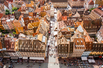 Wall Mural - Aerial cityscape view on the old town with beautiful rooftops in Strasbourg city, France