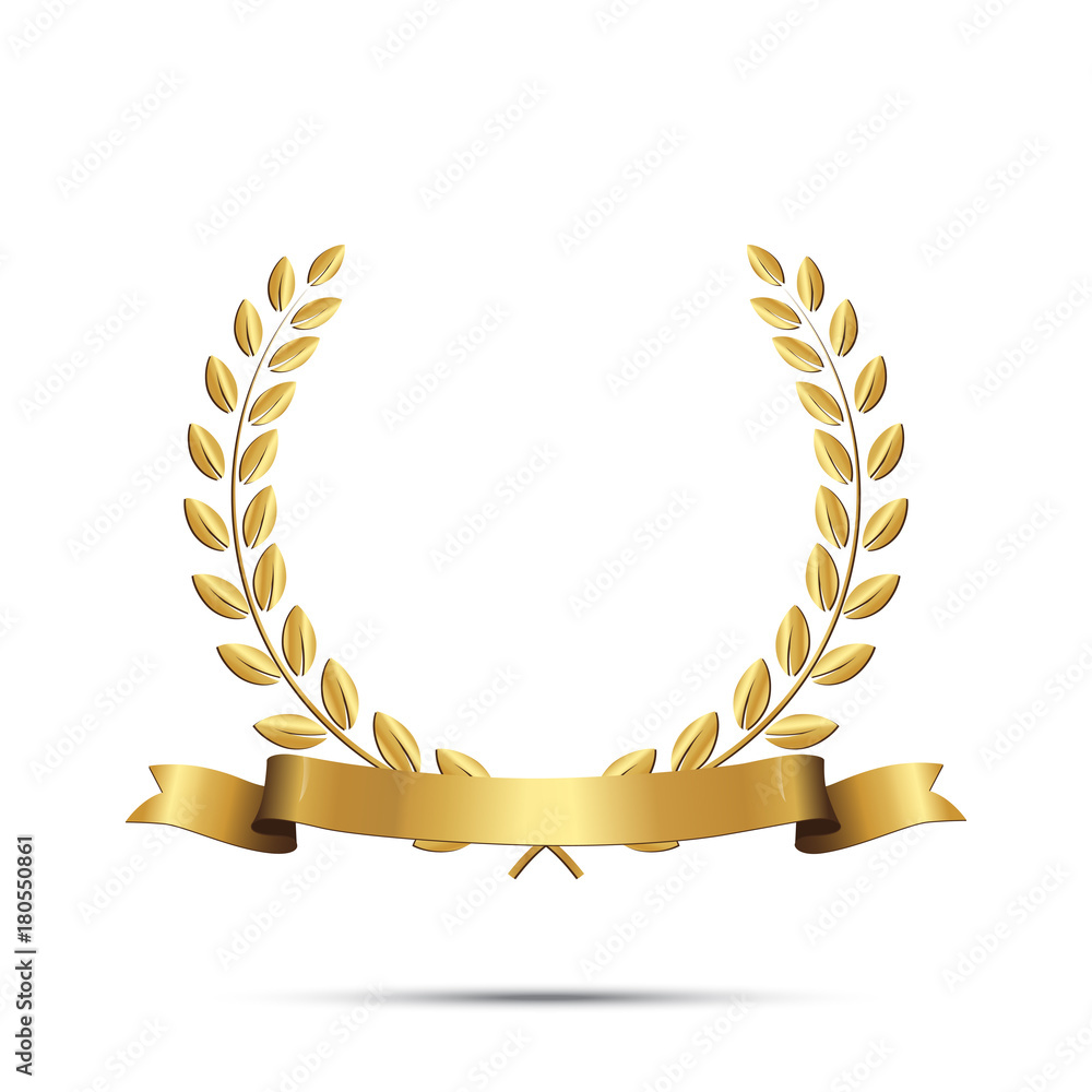 Golden laurel wreath with ribbon isolated on white background. Vector ...