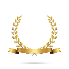 golden laurel wreath with ribbon isolated on white background. vector design element.