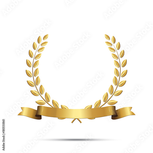 Fotografie, Obraz Golden laurel wreath with ribbon isolated on white background