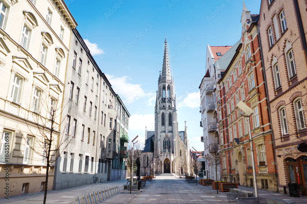 Obraz na płótnie St. Mary's street and church in Katowice, Silesia, Poland w salonie