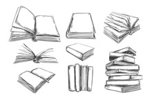 Books Vector Collection. Pile Of Books. Hand Drawn Illustration In Sketch Style. Library, Books Shop