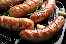 Grill Pan With Delicious Grilled Sausages, Close Up