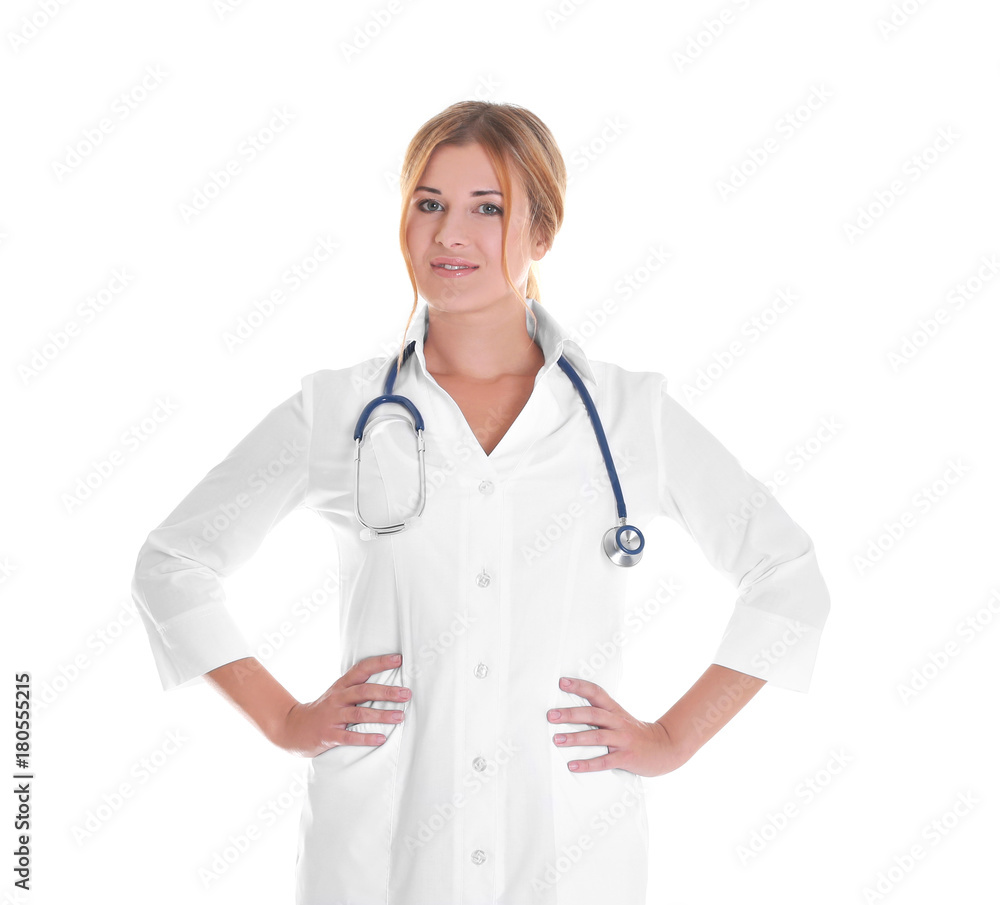 Doctor with stethoscope on white background