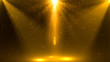Gold lights shining .golden background with shiny  stars and rays.Sparkles or particle glitter lighting . Merry Christmas festive abstract background