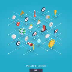 Wall Mural - Weather forecast integrated 3d web icons. Digital network isometric interact concept. Connected graphic design dot and line system. Abstract background for meteorology and nature. Vector Infograph