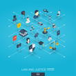 Law, justice integrated 3d web icons. Digital network isometric interact concept. Connected graphic design dot and line system. Abstract background whith lawyer, crime and punishment. Vector Infograph