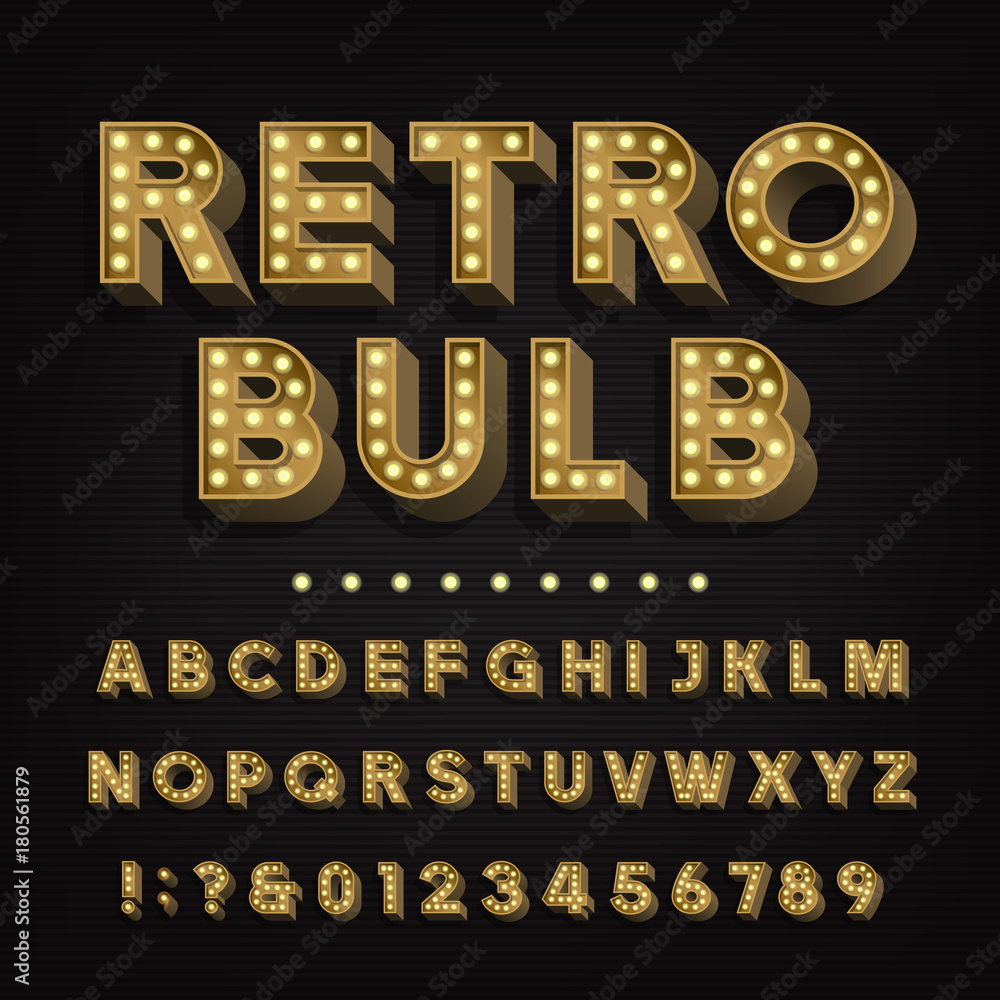 Retro sign alphabet. 3D vintage light bulb type letters and numbers ...
