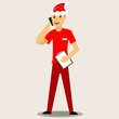 © Roi_and_Roi - Delivery man in a red Santa hat with mobile phone. Vector Christmas illustration isolated on background.