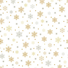 Gold And Silver Snowflakes And Stars Seamless Pattern On A White Background. Vector Illustration.