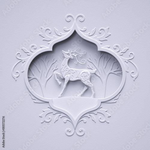 3d Render Reindeer Stag White Forest Trees Embellished Frame