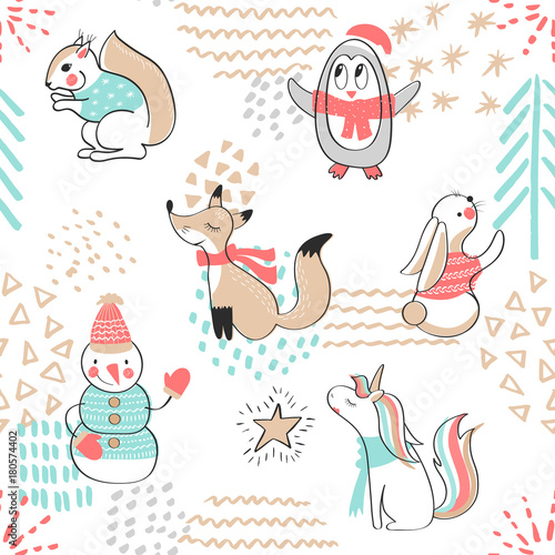 Materiał do szycia Nahtlose Muster mit niedlichen Pinguin, Schneemann, Fox, Einhorn, Eichhörnchen und Kaninchen. Hand-Drawn Vektor-Illustration. Hintergrund mit Comic-Tiere.