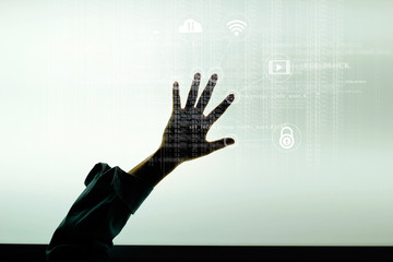 Fototapete - Hand and icon lock. Network connection with digital code on screen. Cyber security concept