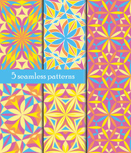 Set Of Colorful Kaleidoscope Seamless Patterns. Decorative Mandala Ornament. Geometric Design Elements. Rainbow Wallpaper, Fabric, Furniture Print. Abstract Vector Flowers And Stars. Psychedelic Style