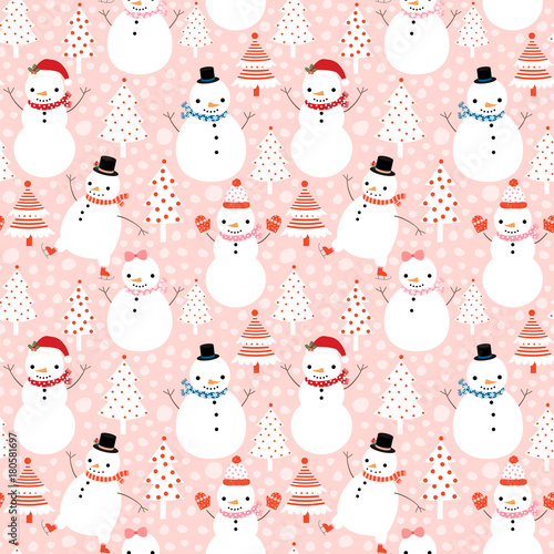 Materiał do szycia Niedliche Vektor Winter Musterdesign mit Cartoon Schneemänner im flachen Stil mit Mützen und Schals auf rosa Hintergrund mit Weihnachtsbäumen