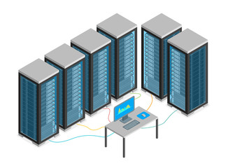 Wall Mural - Data Center with Furniture and Equipment Isometric View. Vector