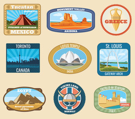 Poster - World famous international landmarks vector vintage travel stickers