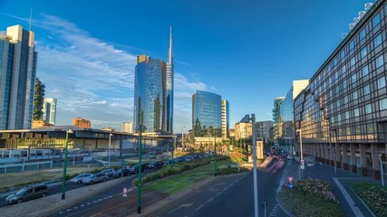 Wall Mural - Milan skyline with modern skyscrapers in Porta Nuova business district timelapse hyperlapse in Milan, Italy, at sunset.